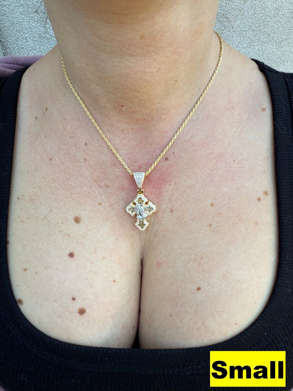 MOISSANITE Baguette Gothic Cross & Praying Hands Pendant - 14k Gold Vermeil 925 Silver - 3 Sizes 1.5"-2.75"