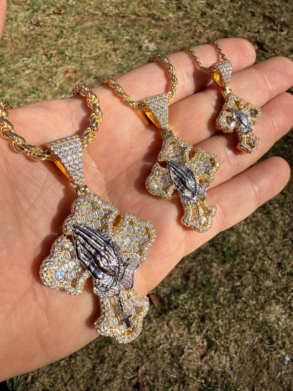 MOISSANITE Baguette Gothic Cross & Praying Hands Pendant - 14k Gold Vermeil 925 Silver - 3 Sizes 1.5"-2.75"