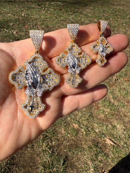 MOISSANITE Baguette Gothic Cross & Praying Hands Pendant - 14k Gold Vermeil 925 Silver - 3 Sizes 1.5"-2.75"