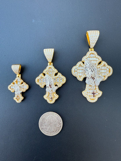 MOISSANITE Baguette Gothic Cross & Praying Hands Pendant - 14k Gold Vermeil 925 Silver - 3 Sizes 1.5"-2.75"