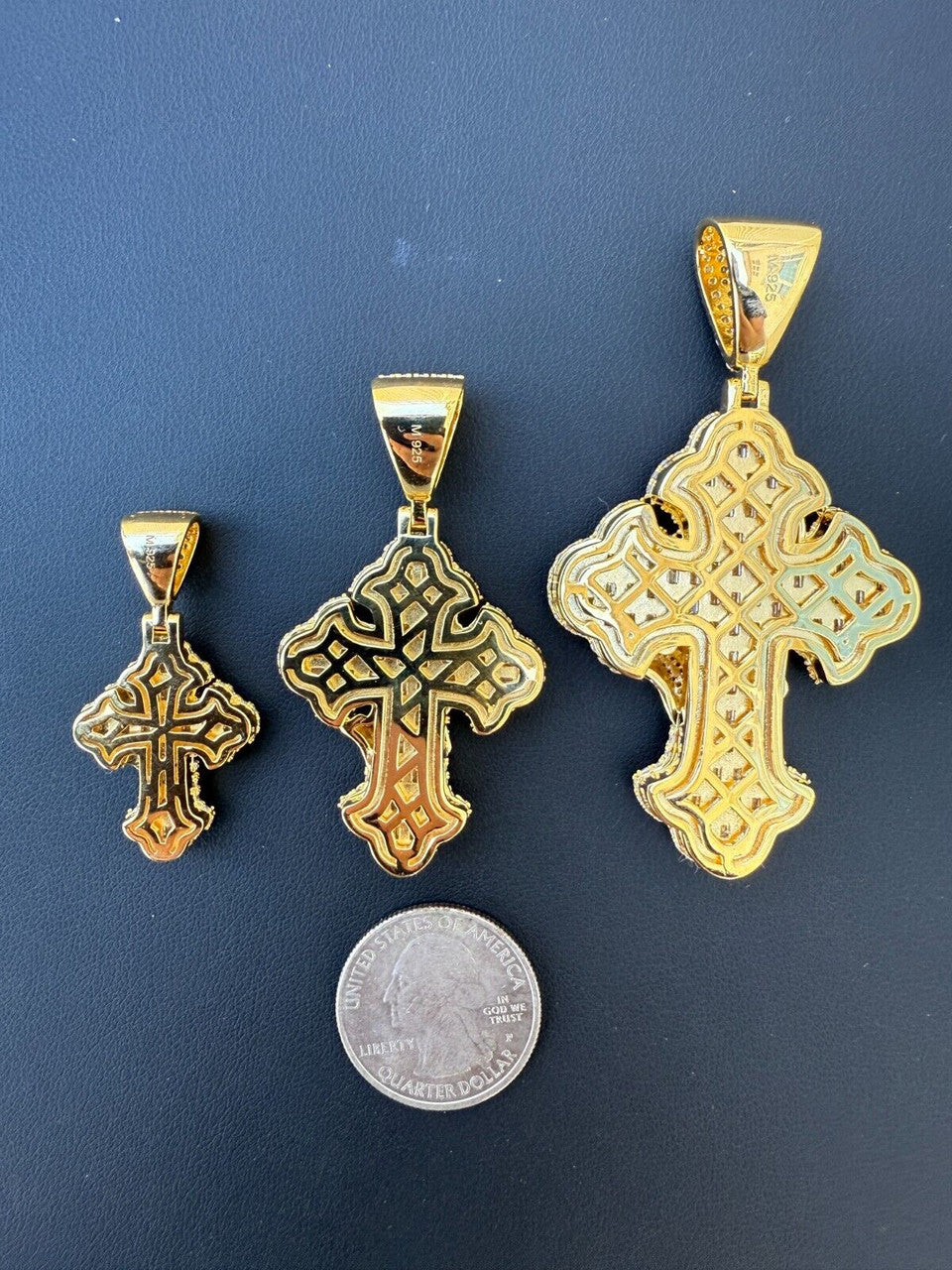 MOISSANITE Baguette Gothic Cross & Praying Hands Pendant - 14k Gold Vermeil 925 Silver - 3 Sizes 1.5"-2.75"