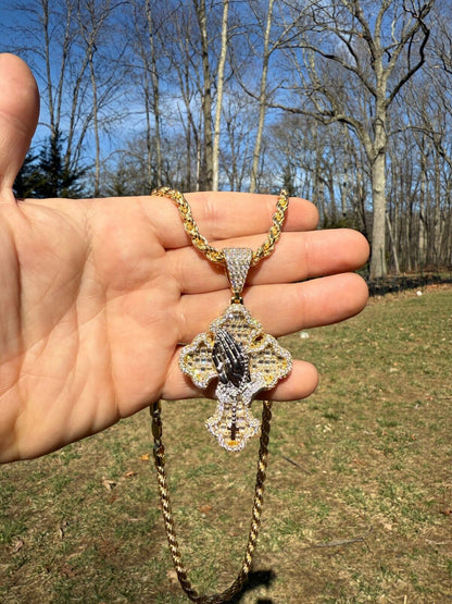 MOISSANITE Baguette Gothic Cross & Praying Hands Pendant - 14k Gold Vermeil 925 Silver - 3 Sizes 1.5"-2.75"