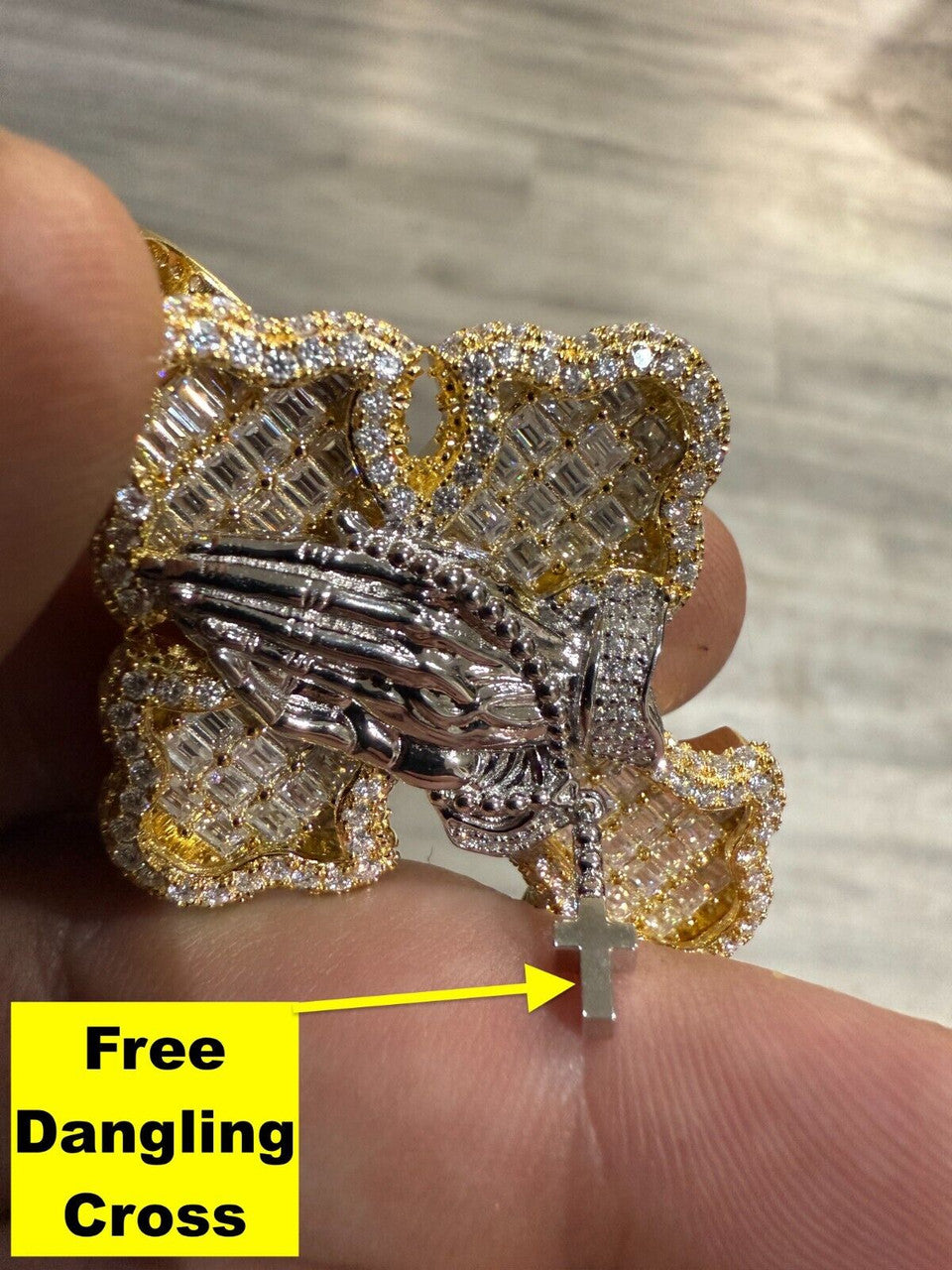 MOISSANITE Baguette Gothic Cross & Praying Hands Pendant - 14k Gold Vermeil 925 Silver - 3 Sizes 1.5"-2.75"