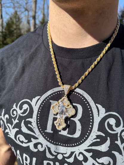 MOISSANITE Baguette Gothic Cross & Praying Hands Pendant - 14k Gold Vermeil 925 Silver - 3 Sizes 1.5"-2.75"