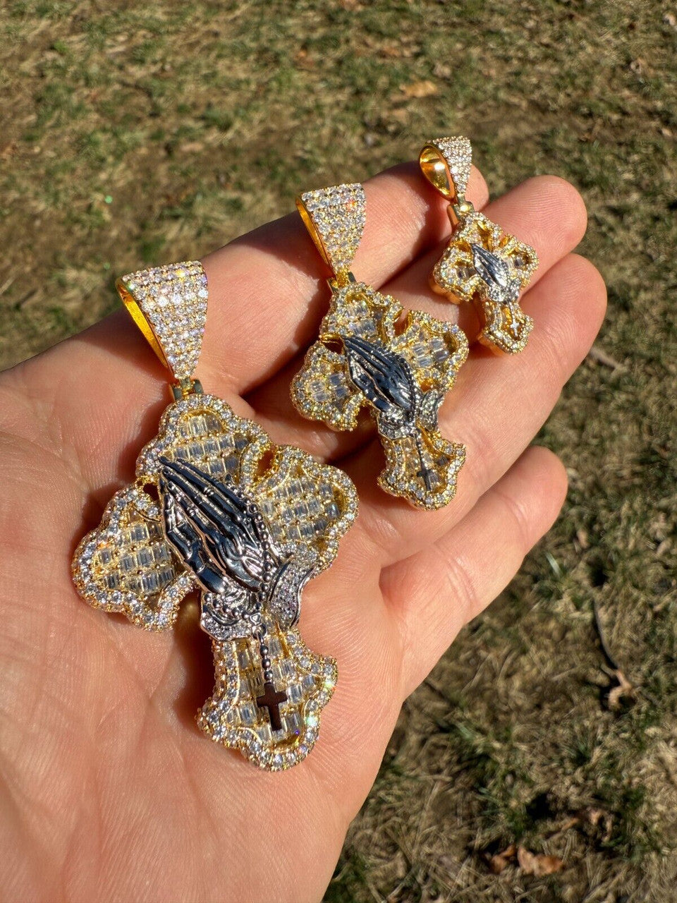 MOISSANITE Baguette Gothic Cross & Praying Hands Pendant - 14k Gold Vermeil 925 Silver - 3 Sizes 1.5"-2.75"