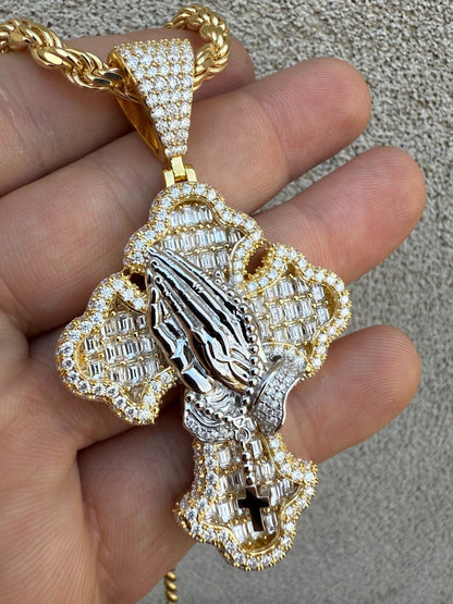 MOISSANITE Baguette Gothic Cross & Praying Hands Pendant - 14k Gold Vermeil 925 Silver - 3 Sizes 1.5"-2.75"