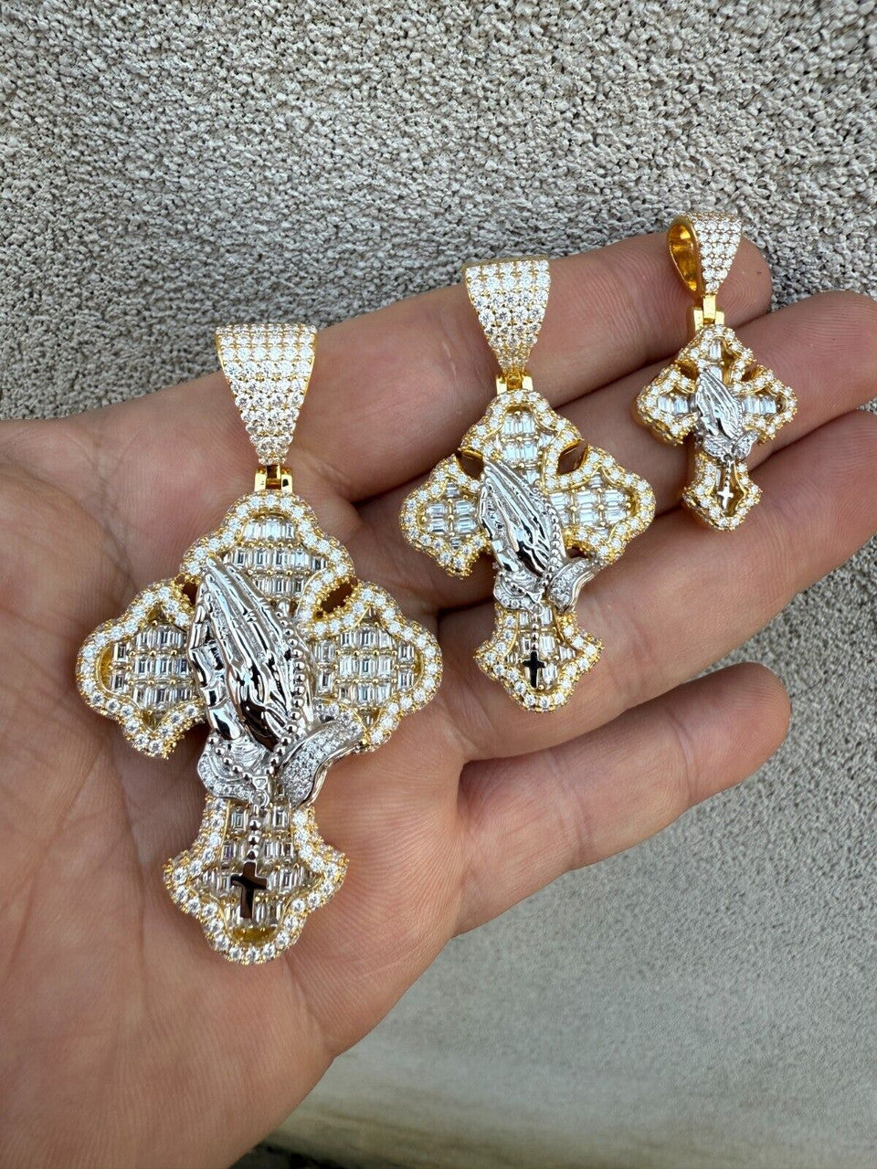 MOISSANITE Baguette Gothic Cross & Praying Hands Pendant - 14k Gold Vermeil 925 Silver - 3 Sizes 1.5"-2.75"
