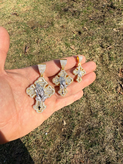 MOISSANITE Baguette Gothic Cross & Praying Hands Pendant - 14k Gold Vermeil 925 Silver - 3 Sizes 1.5"-2.75"
