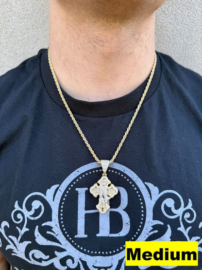 MOISSANITE Baguette Gothic Cross & Praying Hands Pendant - 14k Gold Vermeil 925 Silver - 3 Sizes 1.5"-2.75"