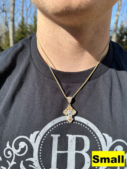 MOISSANITE Baguette Gothic Cross & Praying Hands Pendant - 14k Gold Vermeil 925 Silver - 3 Sizes 1.5"-2.75"
