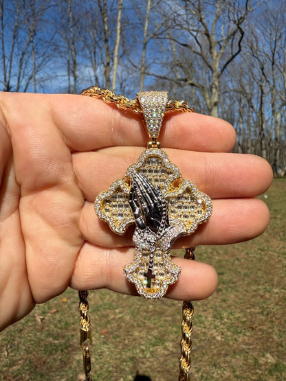MOISSANITE Baguette Gothic Cross & Praying Hands Pendant - 14k Gold Vermeil 925 Silver - 3 Sizes 1.5"-2.75"