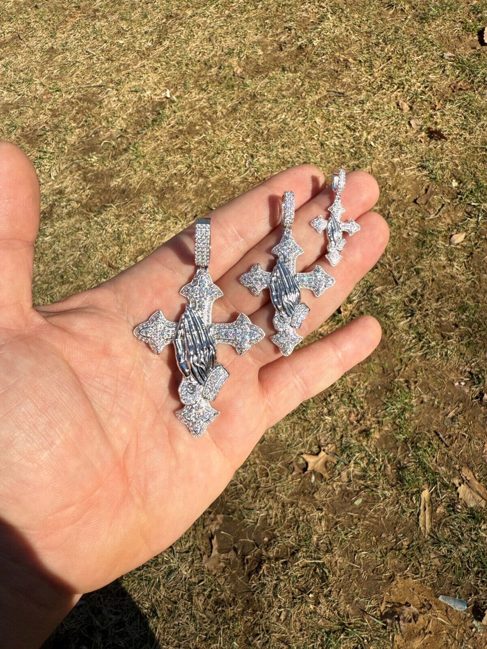 MOISSANITE Cross & Praying Hands Pendant - 925 Silver - 3 Sizes 1.5"-3"