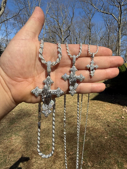 MOISSANITE Cross & Praying Hands Pendant - 925 Silver - 3 Sizes 1.5"-3"