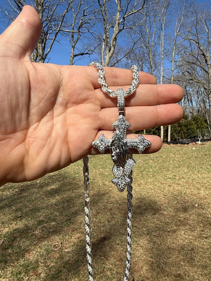MOISSANITE Cross & Praying Hands Pendant - 925 Silver - 3 Sizes 1.5"-3"