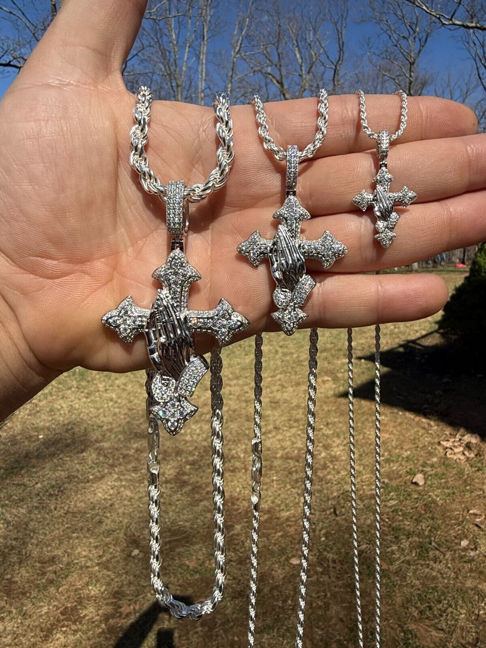 MOISSANITE Cross & Praying Hands Pendant - 925 Silver - 3 Sizes 1.5"-3"