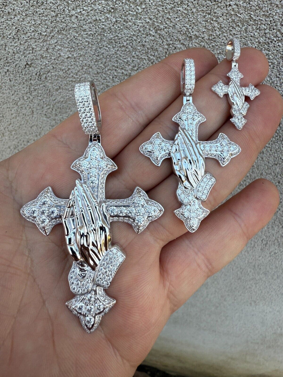MOISSANITE Cross & Praying Hands Pendant - 925 Silver - 3 Sizes 1.5"-3"
