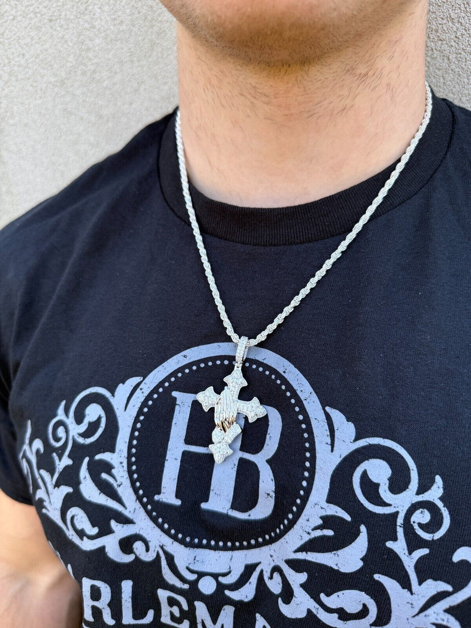 MOISSANITE Cross & Praying Hands Pendant - 925 Silver - 3 Sizes 1.5"-3"