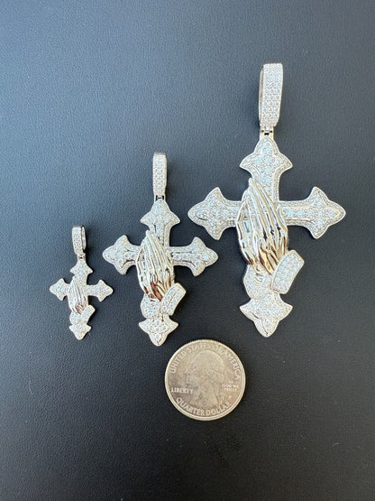MOISSANITE Cross & Praying Hands Pendant - 925 Silver - 3 Sizes 1.5"-3"