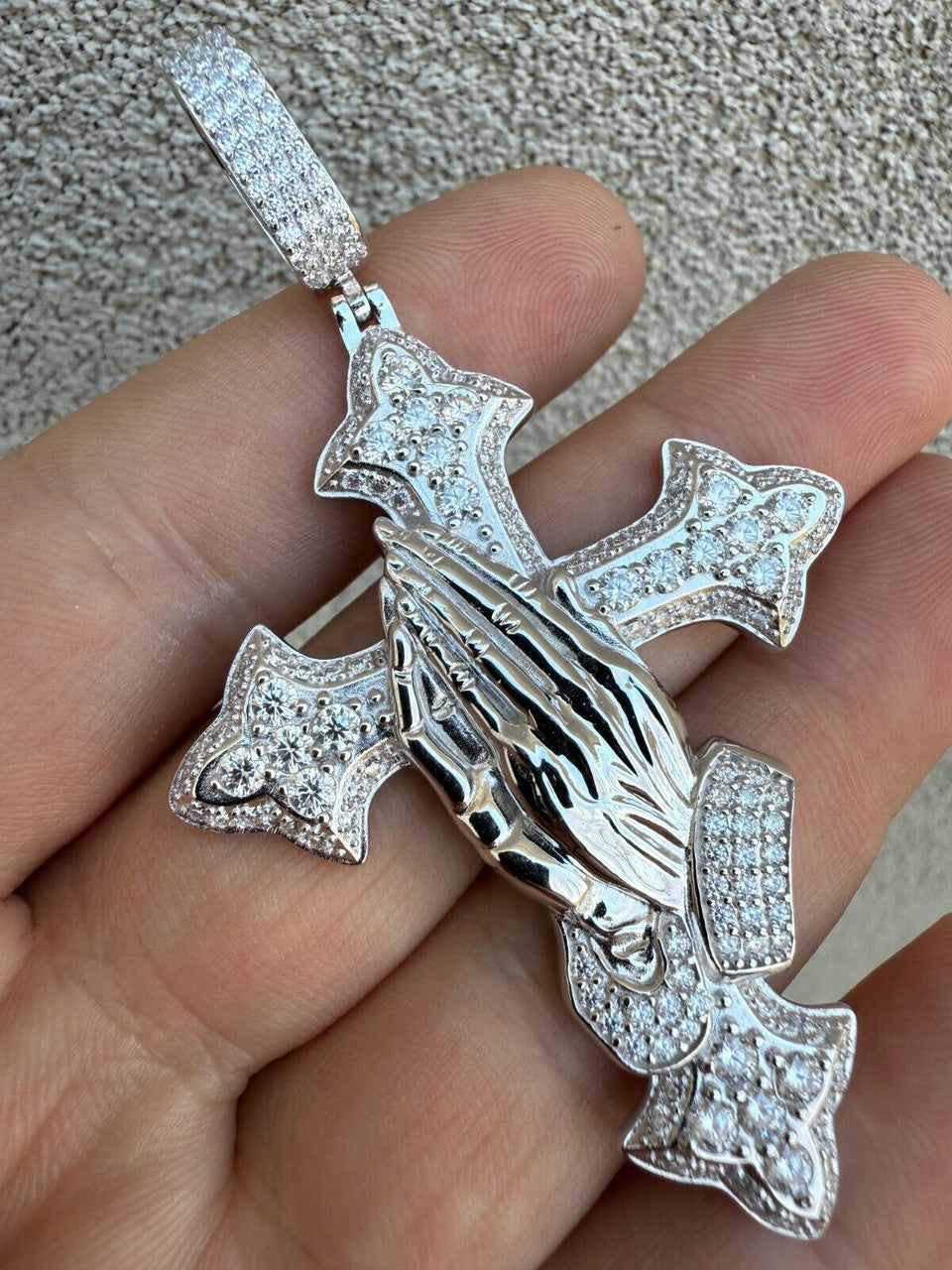 MOISSANITE Cross & Praying Hands Pendant - 925 Silver - 3 Sizes 1.5"-3"