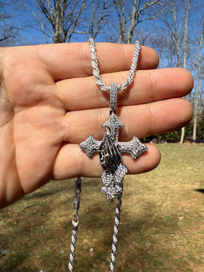MOISSANITE Cross & Praying Hands Pendant - 925 Silver - 3 Sizes 1.5"-3"