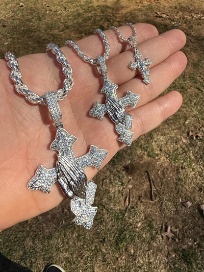 MOISSANITE Cross & Praying Hands Pendant - 925 Silver - 3 Sizes 1.5"-3"