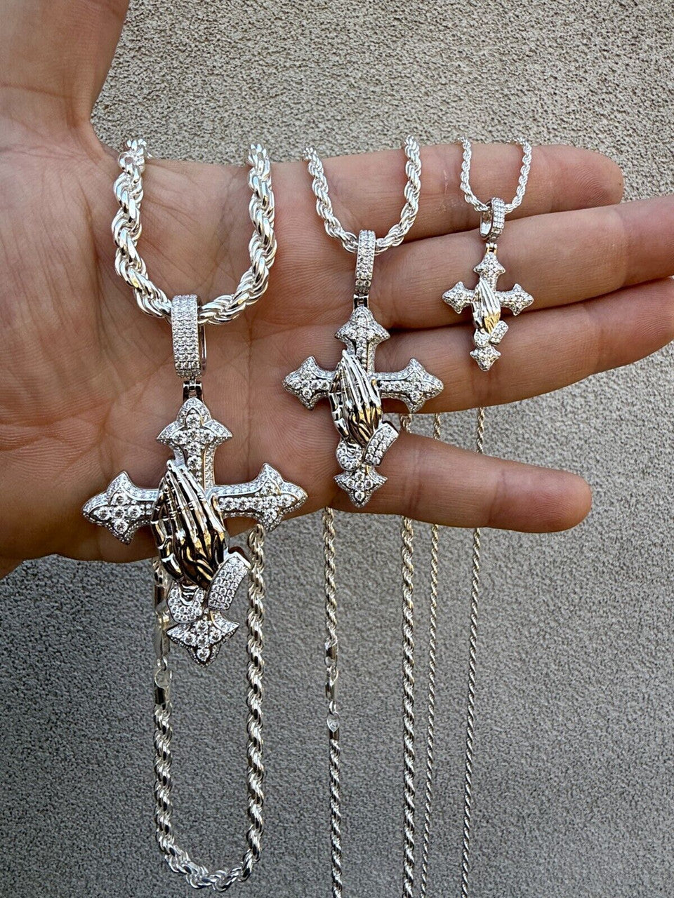 MOISSANITE Cross & Praying Hands Pendant - 925 Silver - 3 Sizes 1.5"-3"