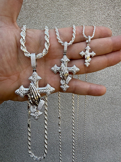MOISSANITE Cross & Praying Hands Pendant - 925 Silver - 3 Sizes 1.5"-3"