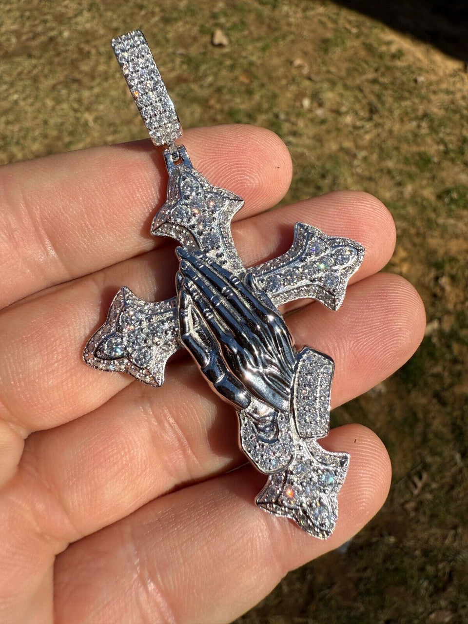 MOISSANITE Cross & Praying Hands Pendant - 925 Silver - 3 Sizes 1.5"-3"