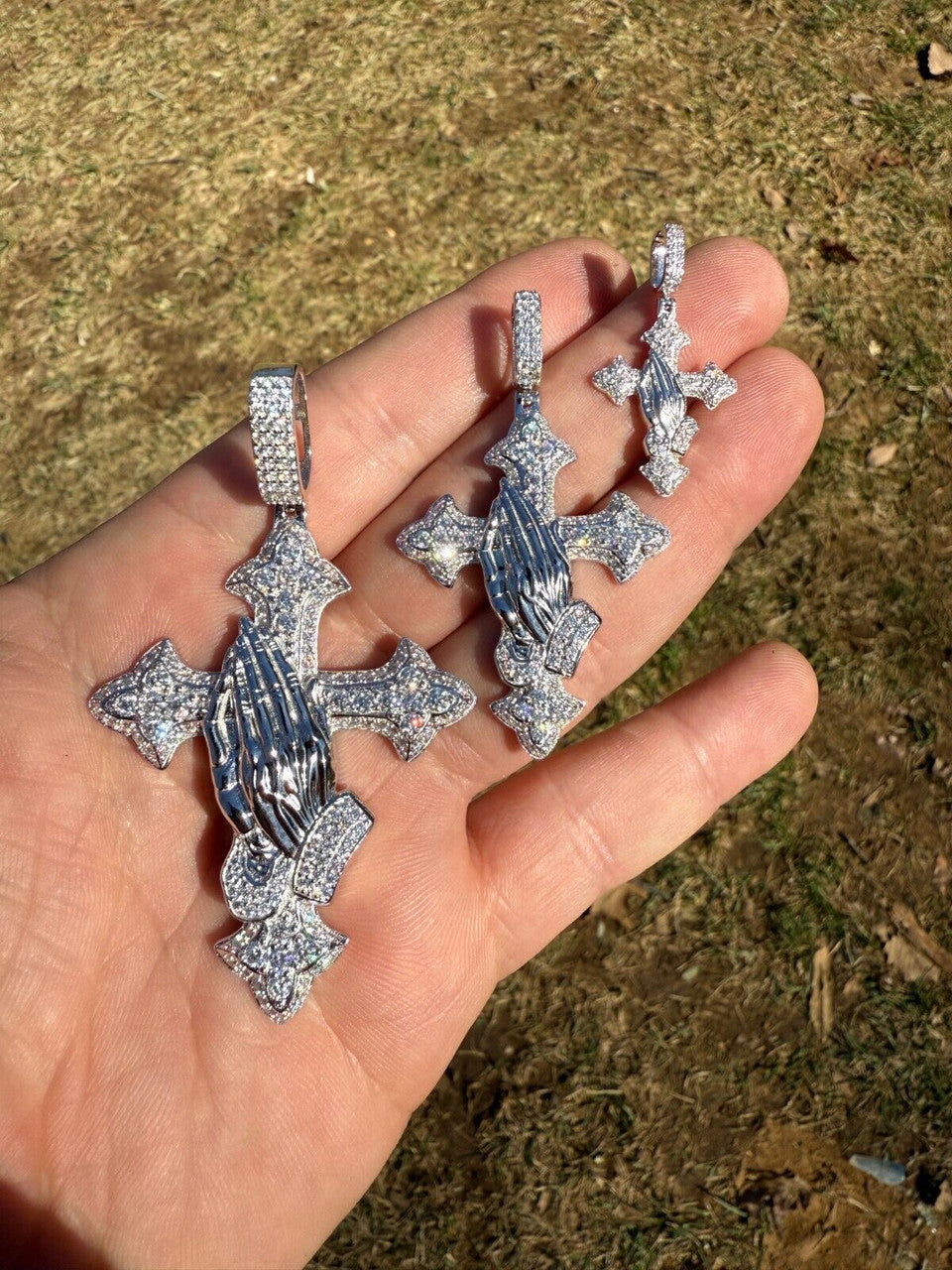 MOISSANITE Cross & Praying Hands Pendant - 925 Silver - 3 Sizes 1.5"-3"