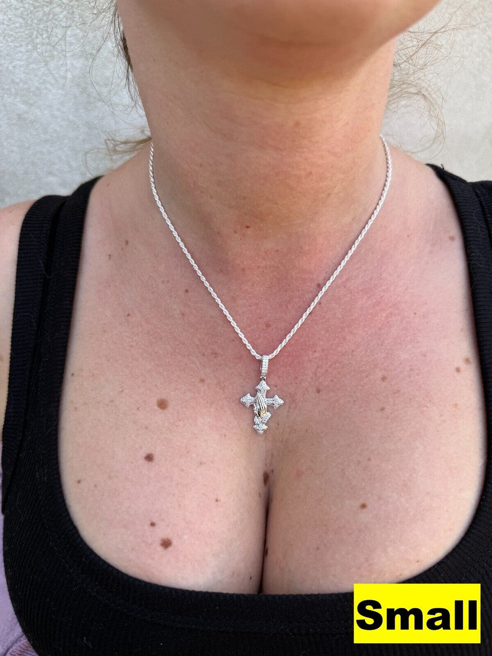MOISSANITE Cross & Praying Hands Pendant - 925 Silver - 3 Sizes 1.5"-3"