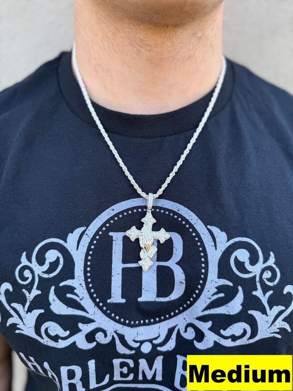 MOISSANITE Cross & Praying Hands Pendant - 925 Silver - 3 Sizes 1.5"-3"