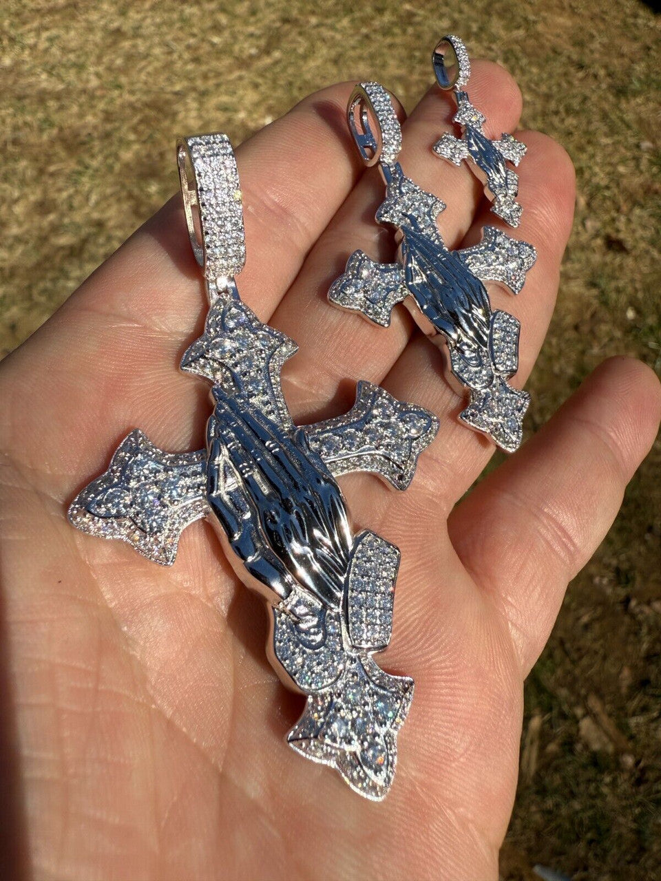 MOISSANITE Cross & Praying Hands Pendant - 925 Silver - 3 Sizes 1.5"-3"