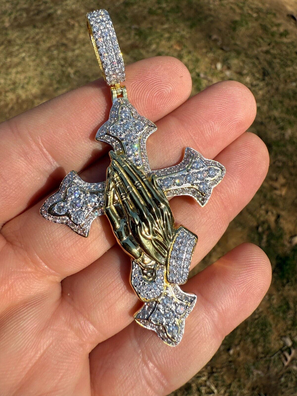 MOISSANITE Cross & Praying Hands Pendant - 14k Gold Vermeil 925 Silver - 3 Sizes 1.5"-3"