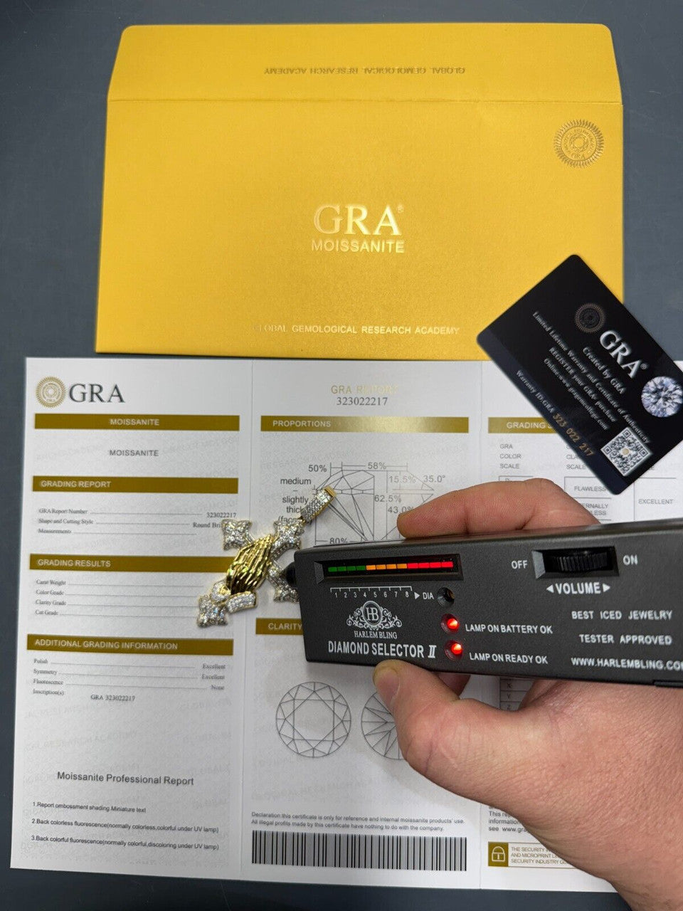 MOISSANITE Cross & Praying Hands Pendant - 14k Gold Vermeil 925 Silver - 3 Sizes 1.5"-3"