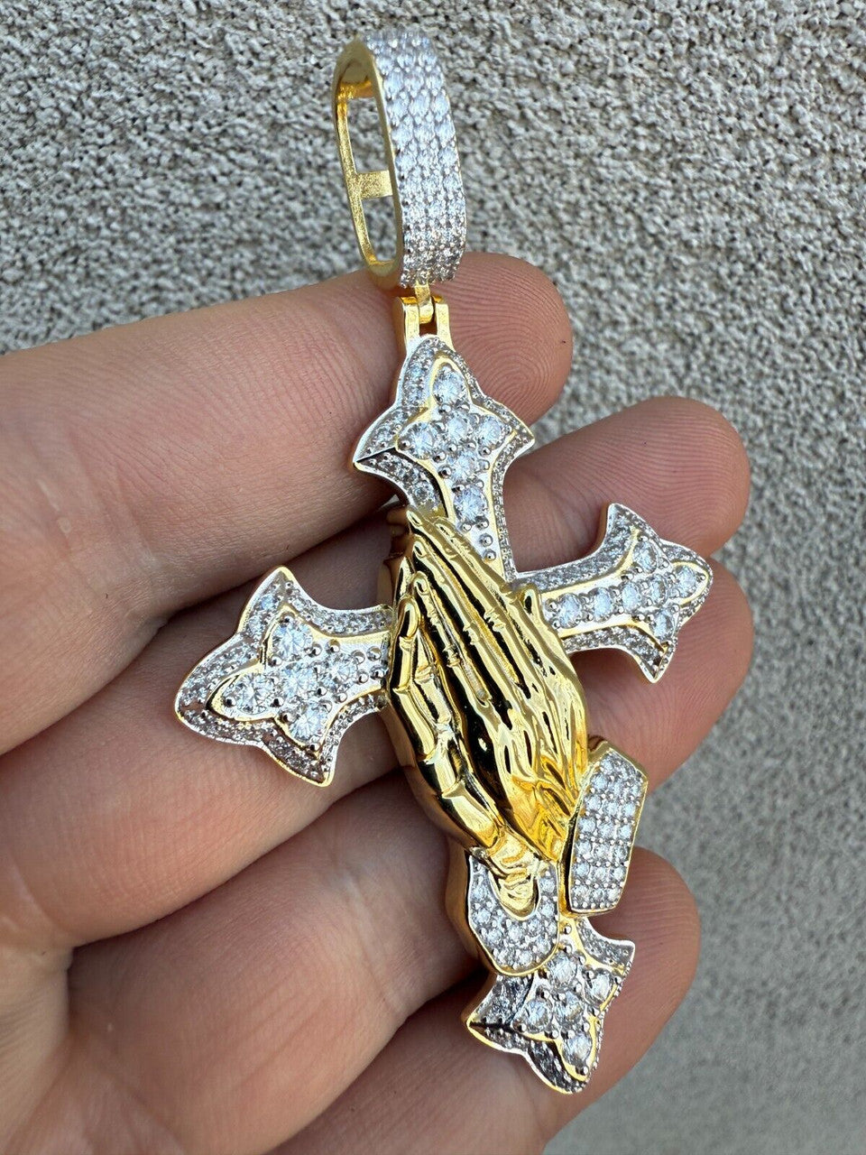 MOISSANITE Cross & Praying Hands Pendant - 14k Gold Vermeil 925 Silver - 3 Sizes 1.5"-3"