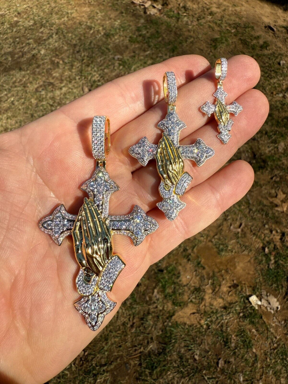 MOISSANITE Cross & Praying Hands Pendant - 14k Gold Vermeil 925