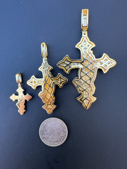 MOISSANITE Cross & Praying Hands Pendant - 14k Gold Vermeil 925 Silver - 3 Sizes 1.5"-3"