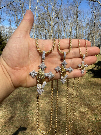 MOISSANITE Cross & Praying Hands Pendant - 14k Gold Vermeil 925 Silver - 3 Sizes 1.5"-3"