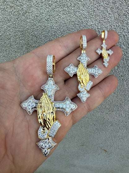 MOISSANITE Cross & Praying Hands Pendant - 14k Gold Vermeil 925 Silver - 3 Sizes 1.5"-3"