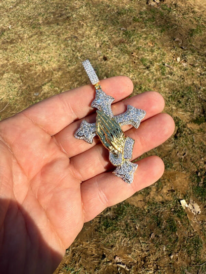 MOISSANITE Cross & Praying Hands Pendant - 14k Gold Vermeil 925 Silver - 3 Sizes 1.5"-3"