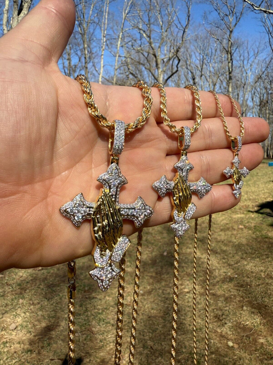 MOISSANITE Cross & Praying Hands Pendant - 14k Gold Vermeil 925 Silver - 3 Sizes 1.5"-3"