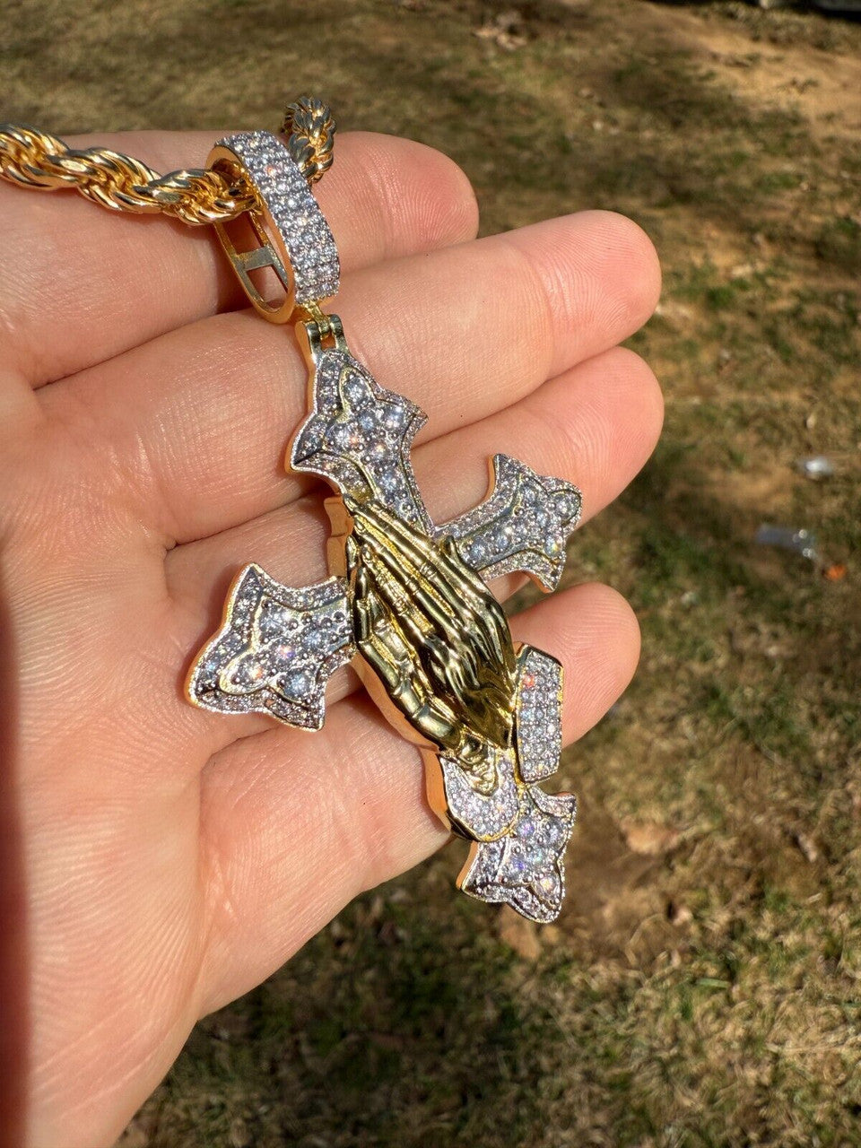 MOISSANITE Cross & Praying Hands Pendant - 14k Gold Vermeil 925 Silver - 3 Sizes 1.5"-3"