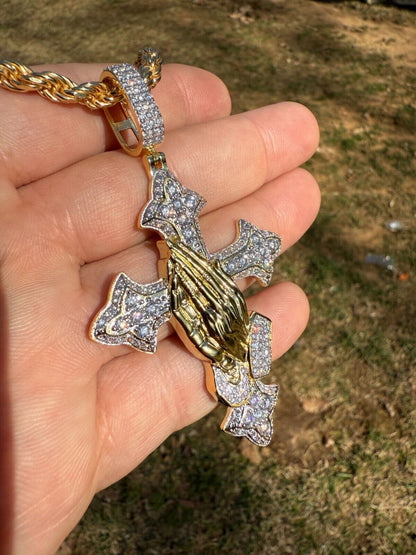 MOISSANITE Cross & Praying Hands Pendant - 14k Gold Vermeil 925 Silver - 3 Sizes 1.5"-3"