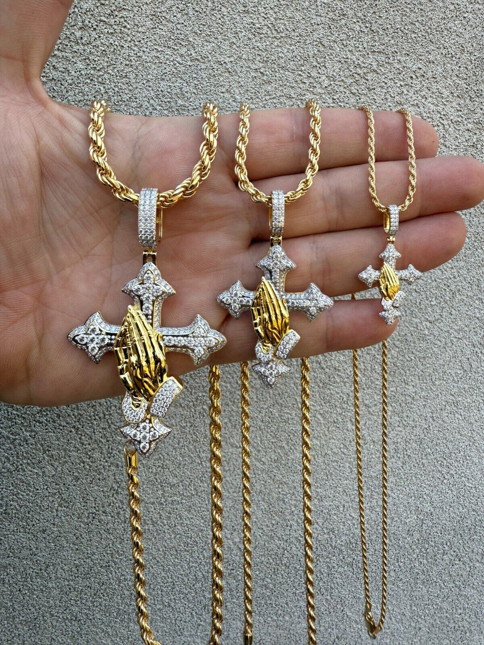 MOISSANITE Cross & Praying Hands Pendant - 14k Gold Vermeil 925 Silver - 3 Sizes 1.5"-3"