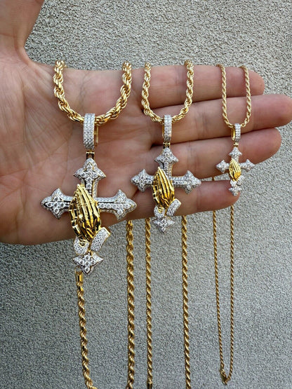 MOISSANITE Cross & Praying Hands Pendant - 14k Gold Vermeil 925 Silver - 3 Sizes 1.5"-3"
