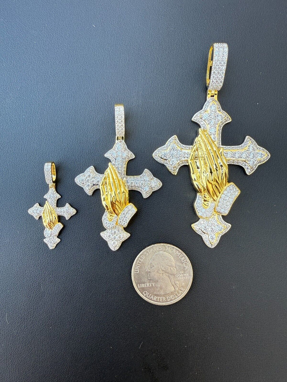 MOISSANITE Cross & Praying Hands Pendant - 14k Gold Vermeil 925 Silver - 3 Sizes 1.5"-3"
