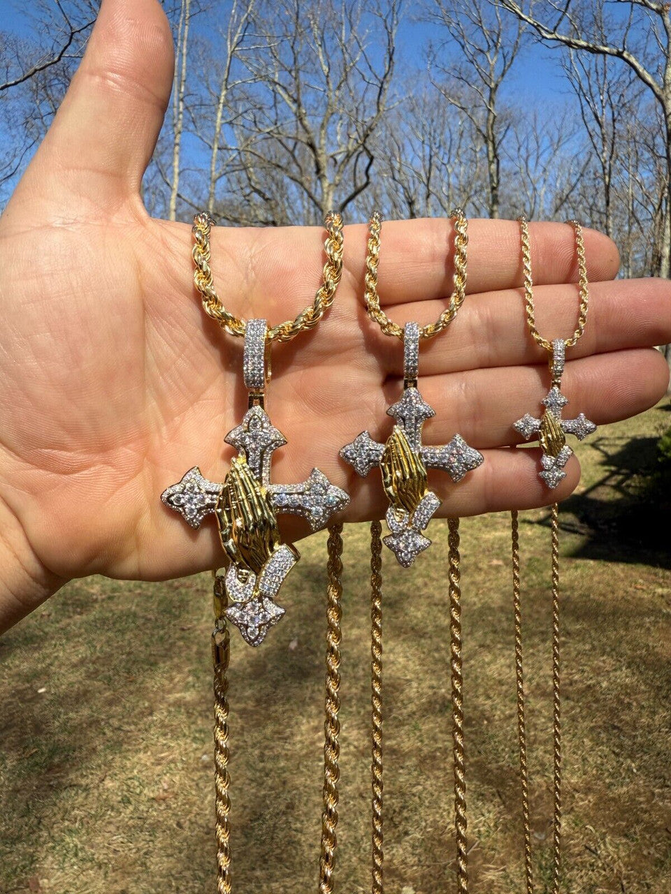 MOISSANITE Cross & Praying Hands Pendant - 14k Gold Vermeil 925 Silver - 3 Sizes 1.5"-3"
