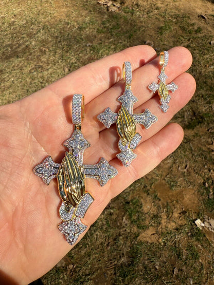 MOISSANITE Cross & Praying Hands Pendant - 14k Gold Vermeil 925 Silver - 3 Sizes 1.5"-3"