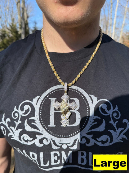 MOISSANITE Cross & Praying Hands Pendant - 14k Gold Vermeil 925 Silver - 3 Sizes 1.5"-3"