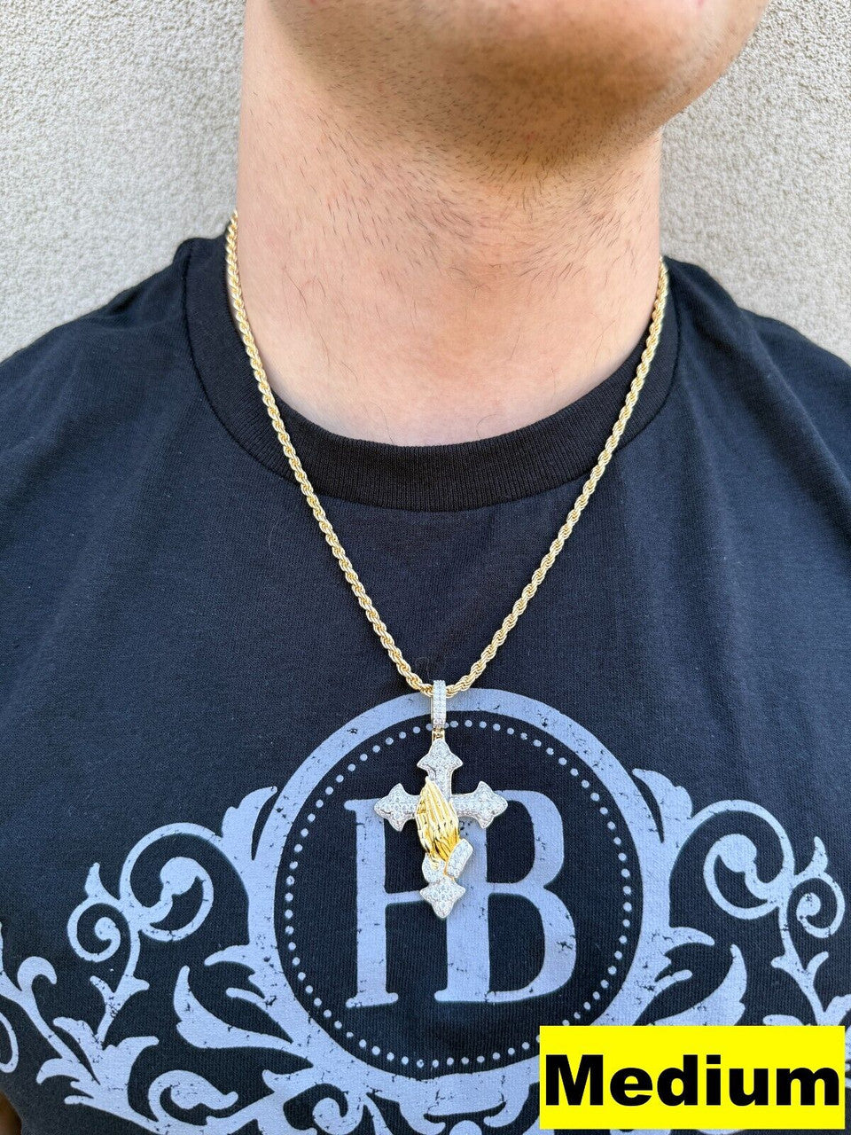 MOISSANITE Cross & Praying Hands Pendant - 14k Gold Vermeil 925 Silver - 3 Sizes 1.5"-3"